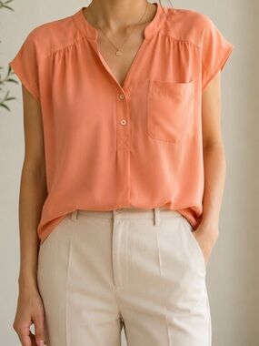 New York & Company Peach Cap-Sleeve Button-Placket Blouse